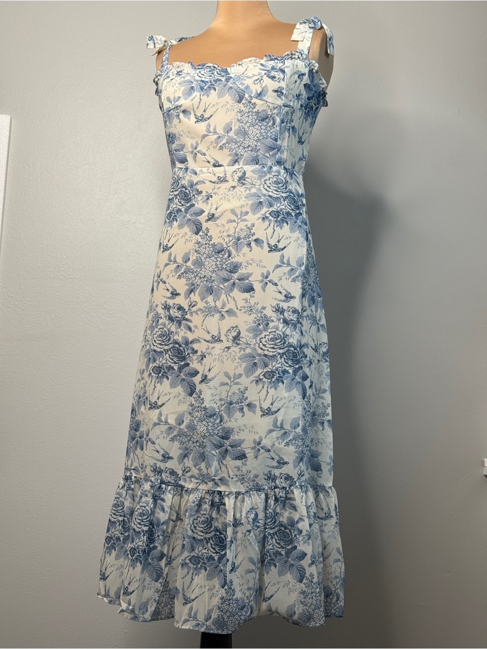 Chicwish Blue and White Floral Tie-Strap Midi Dress